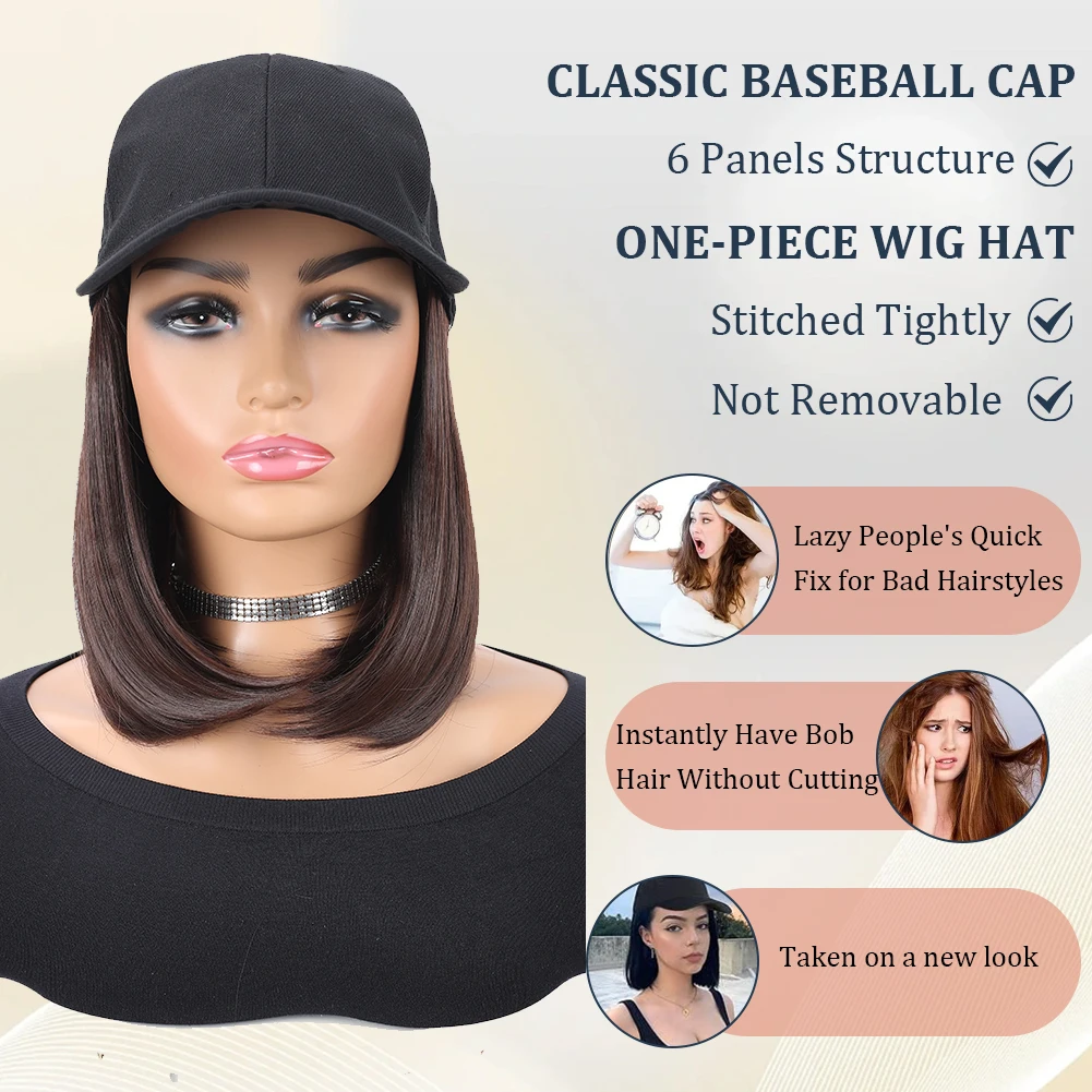 Baseball Cap with Synthetic Hair Extensions Heat Resistant 10 Inch Adjustable Short Straight Bob Wigs in Hat for Women Daily Use