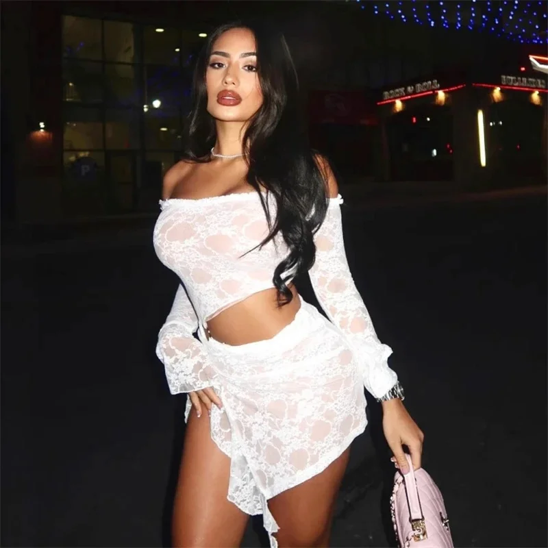 

Sexy Crop Lace See Through Dress Temperament One Shoulder Long Sleeve Dress Spring Fashionable New Women's Waist Exposed High