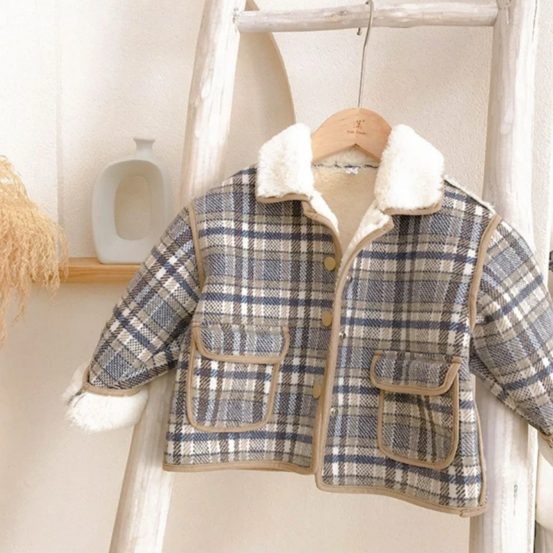 Winter Kids Fleece Warm Jackets Boys Plaid Outerwear 0-6Y Young Children Clothing Autumn Girls Thick Coats Turn-down Collar Tops