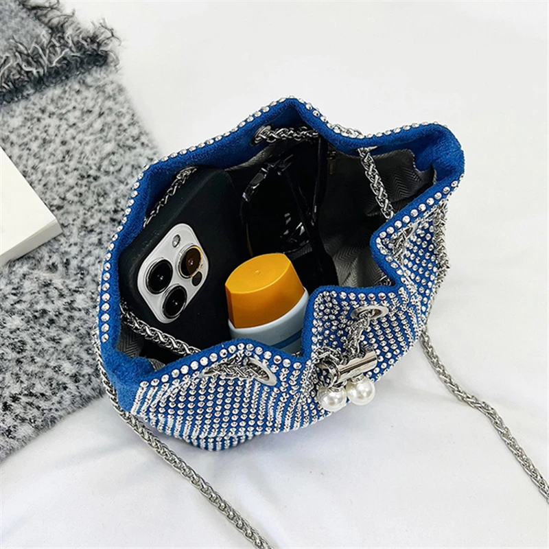Fashion Drawstring Pearl Chain Bucket Bags for Women Exquisite Evening Clutch Girl Canvas Crossbody Shoulder Bag Female Handbags