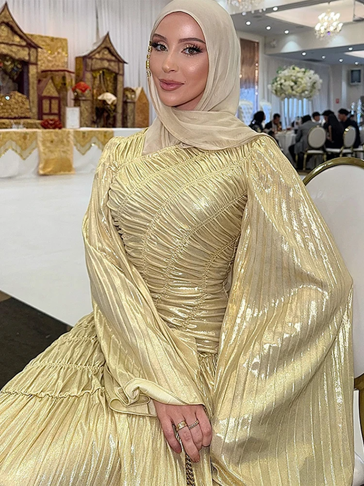 

Glossy Golden Pleated Dress Irregular Wrinkle Slim Fit Flared Long Sleeved Diagonal V-Neck Party Gown Robes Women Long Dresses