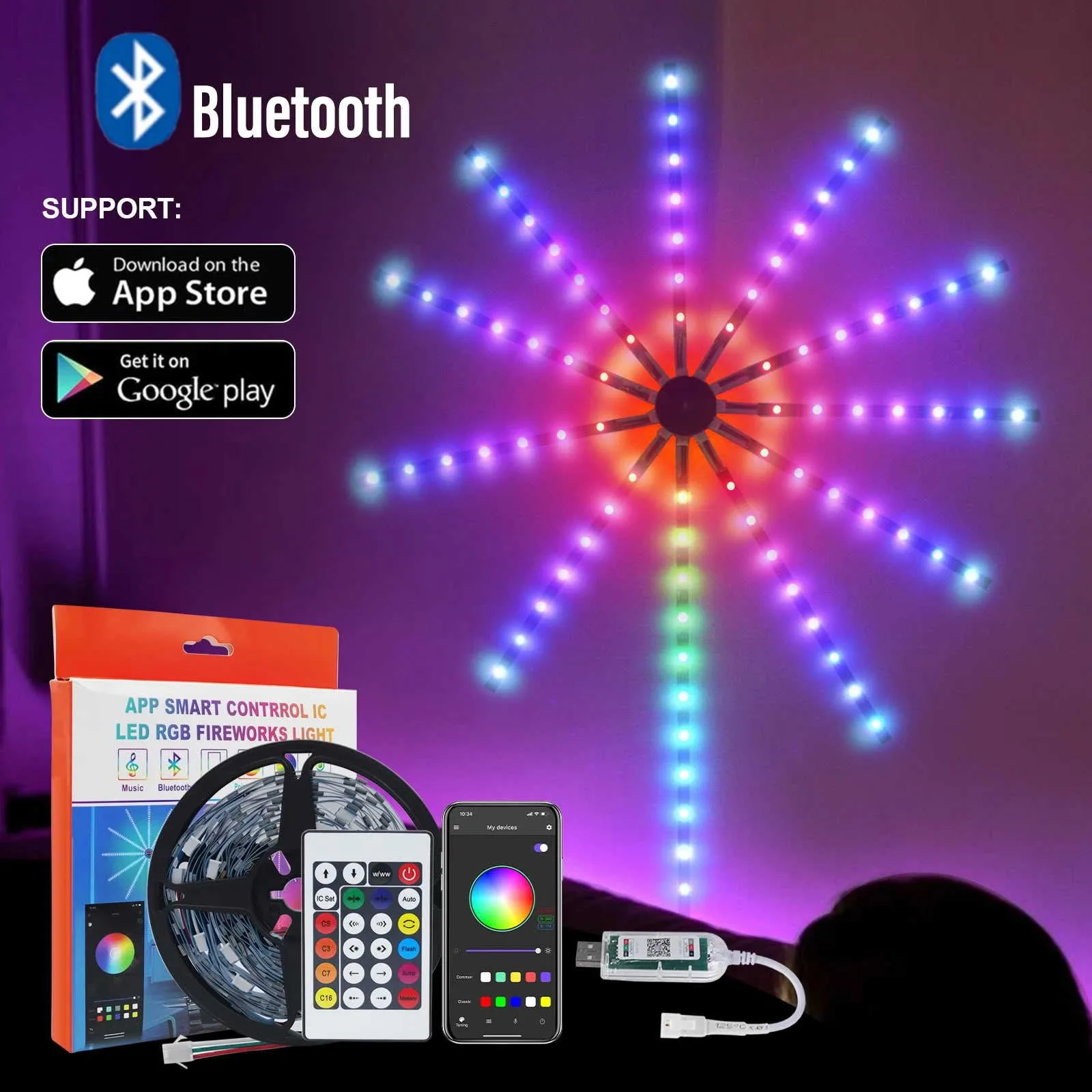 

APP Smart Control IC LED RGB Firework Light 10pc*50cm+1pc 1m USB Power Music Synch 180 LED Light For Wall Christmas Decoration