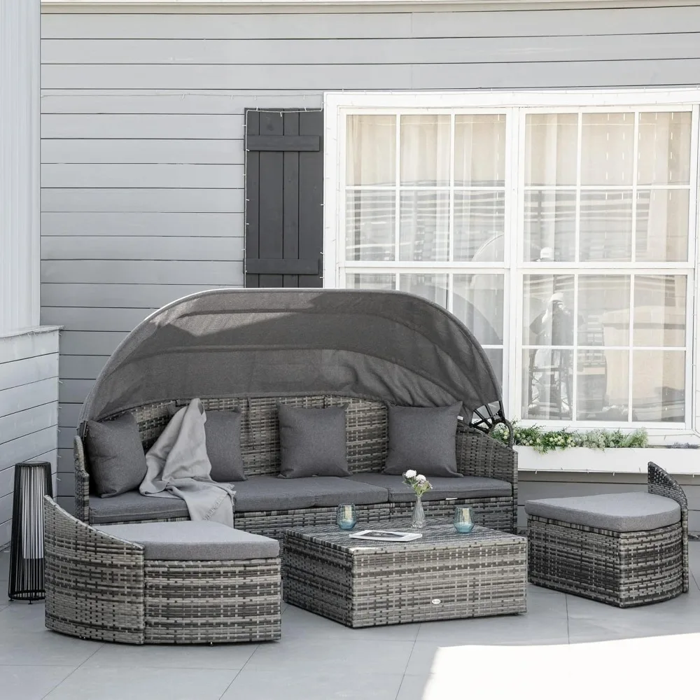 4-Piece Outdoor Rattan Furniture Set with Convertible Daybed and Sectional Sofa, Including Canopy and Pillows