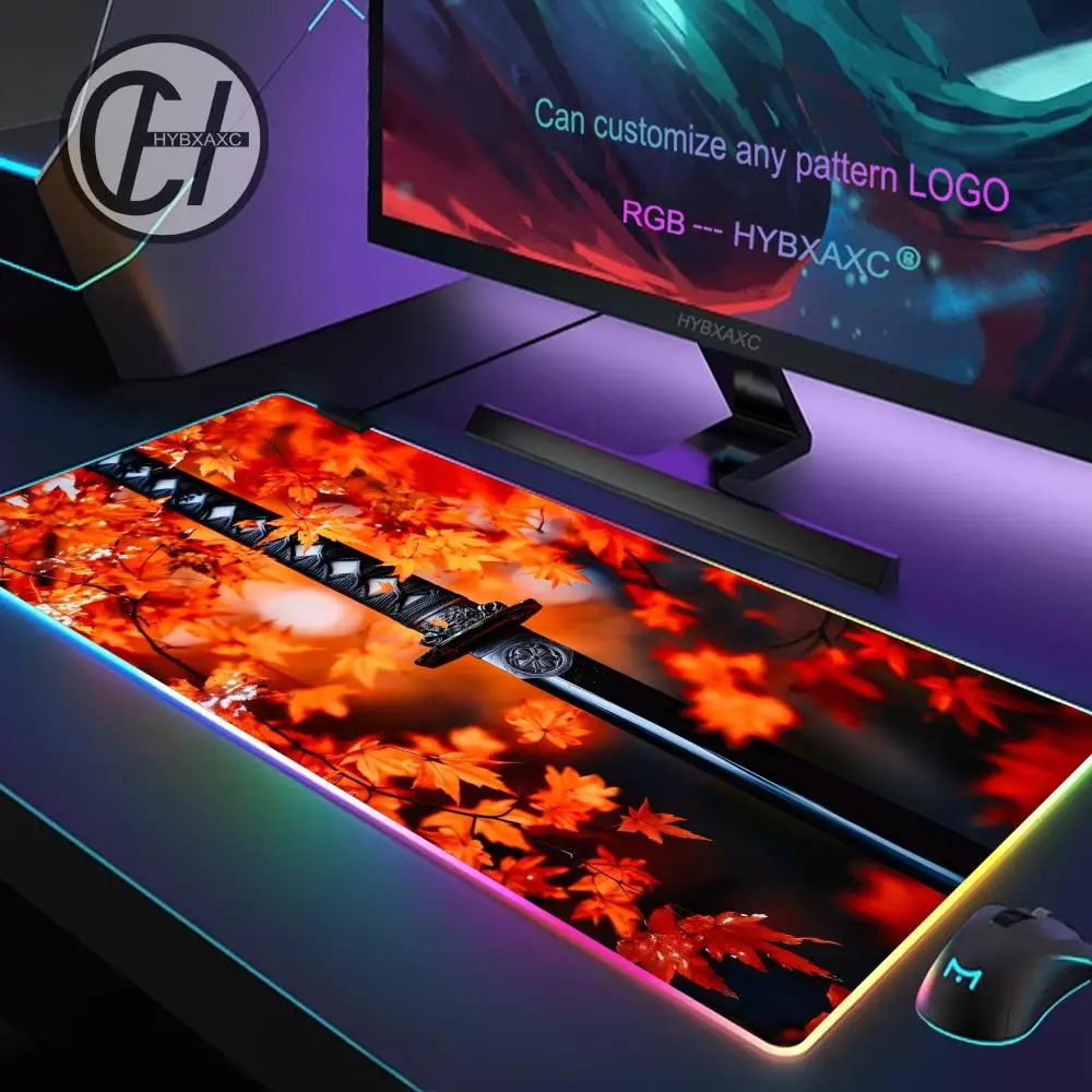

HYBXAXC Gamer Black And Red Samurai Sword printon Mouse Pad RGB Gaming Mouse Pad Desk Mat HD Gamer Large LED Light XXL 100X50CM