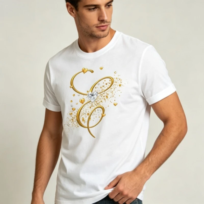 Men T-shirt Golden Heart Diamond Glitter Print Short Sleeve Tops, Casual Streetwear Loose Fit Graphic Tees For Men Daily Wear