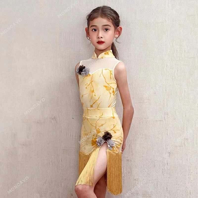 Cha Cha Rumba Costume da ballo latino per ragazze Abito da ballo salsa con frange Vestito da ballo per ragazze tango Vestito da pratica latino standard per bambini