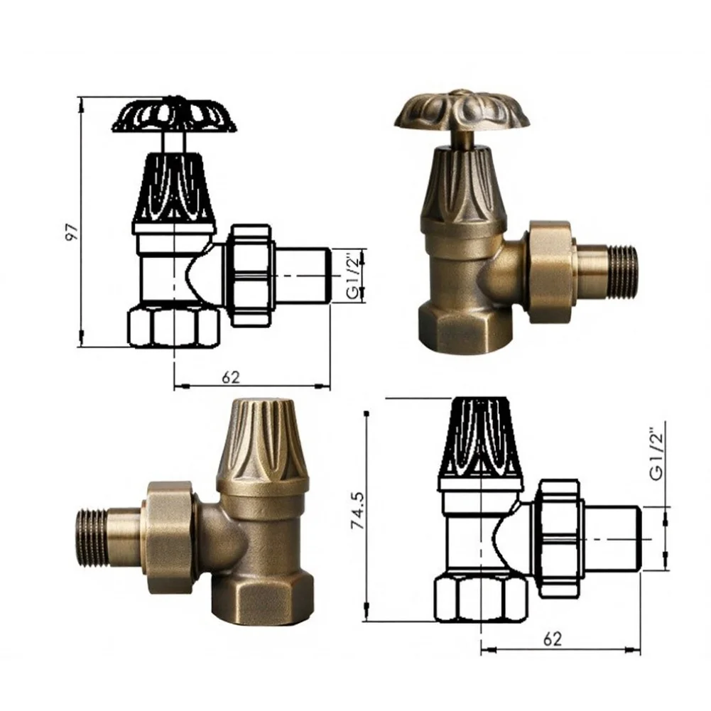 1/2 inch G1/2 Thread Radiator Temperature Control Valve in Antique Brass for TRV Radiators and Towel Rails Installation