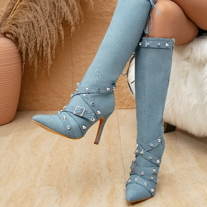 Eilyken Sexy Denim rivetto fibbia per cintura donna stivali al ginocchio moda tacchi sottili scarpe a punta cerniera laterale stivaletti da donna