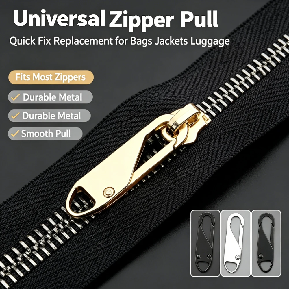 Detachable Zipper Pull Tab Replacement, Universal Quick Install Zipper Slider Repair Pulls, Removable Metal Zipper Head for Bags