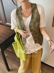 Floral Vest Waistcoat Y2k 2024 Woman Clothing Summer Korean Fashion Vintage Elegant Sleeveless Tops Cropped Jacket New Outerwear