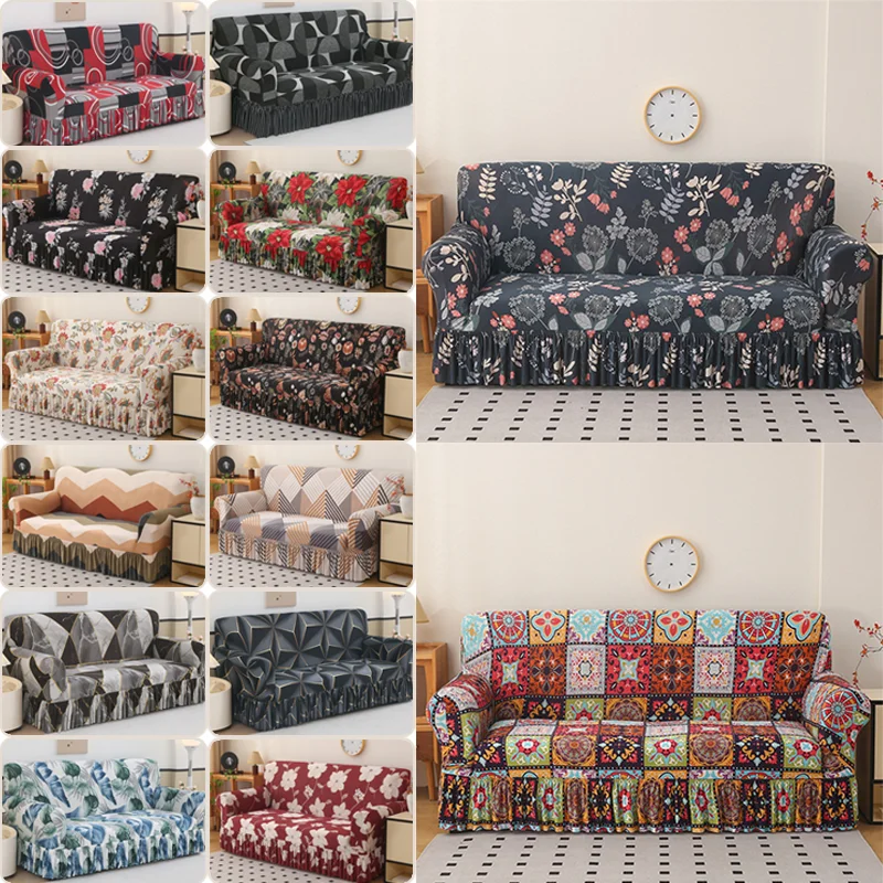 1/2/3/4Seater All-Inclusive Non-Slip Sofa Cover with Ruffled Skirt Universal Stretch Milk Silk Couch Cover Geometric Print Decor