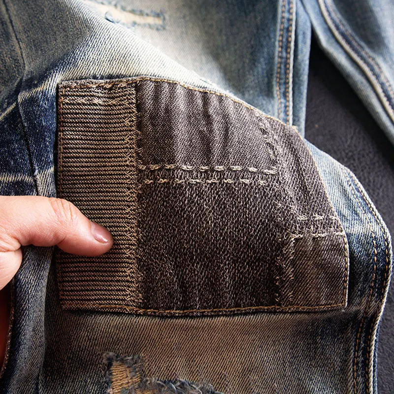 Street Fashion Men Jeans Retro Washed Blue Stretch Slim Fit Ripped Jeans Men Patched Designer Hip Hop Vintage Denim Pants Hombre