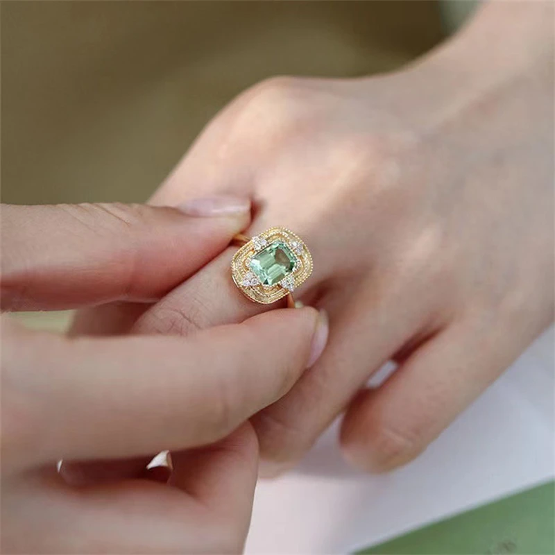 French Vintage Green Zircon Geometric Ring Women Fashion Stainless Steel Adjustable Ring Jewelry Accessories Anniversary Gift
