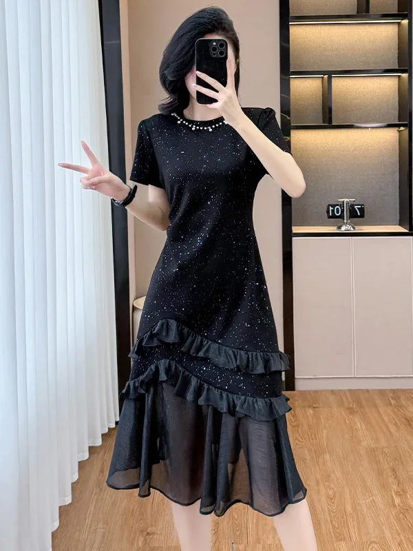 

Elegant plus Size Summer Dress with Waist Cinching And Belly Covering in Lace Beautiful Shoulder Exposure for Slimming Effect