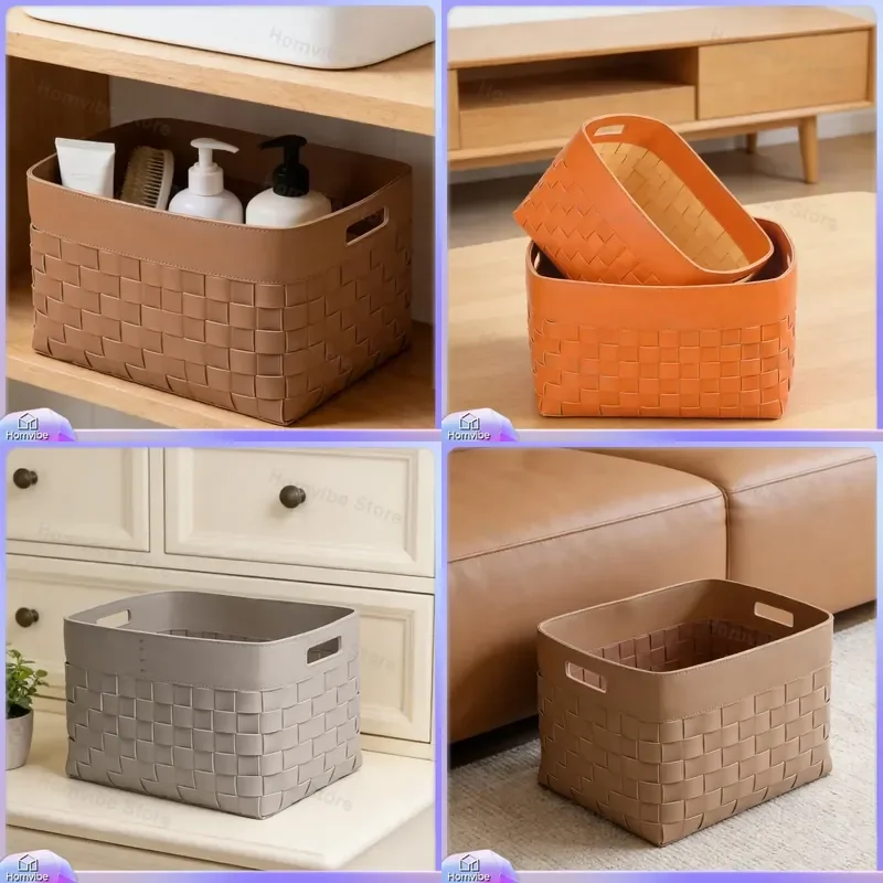 Nordic Light Luxury Leather Woven Storage Basket for Model Room Cloakroom Soft Decoration Design Furnishings Entrance