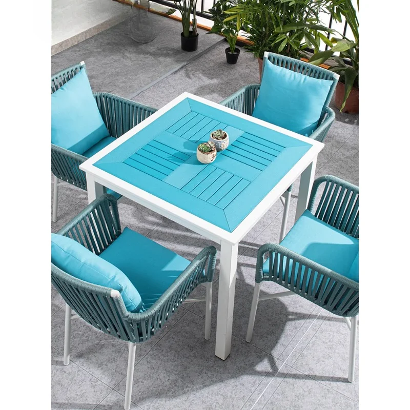 Simplified new blue and white outdoor plastic wood tables and chairs combined garden terrace chairs