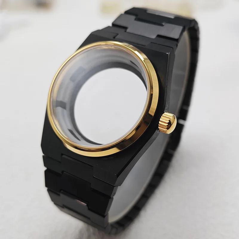 Mod PRX 40mm NH35 Watch Case Black‑Gold Two‑tone Stainless Steel with Bracelet Fits NH34 NH35 NH36 Movements Men's Watch Case