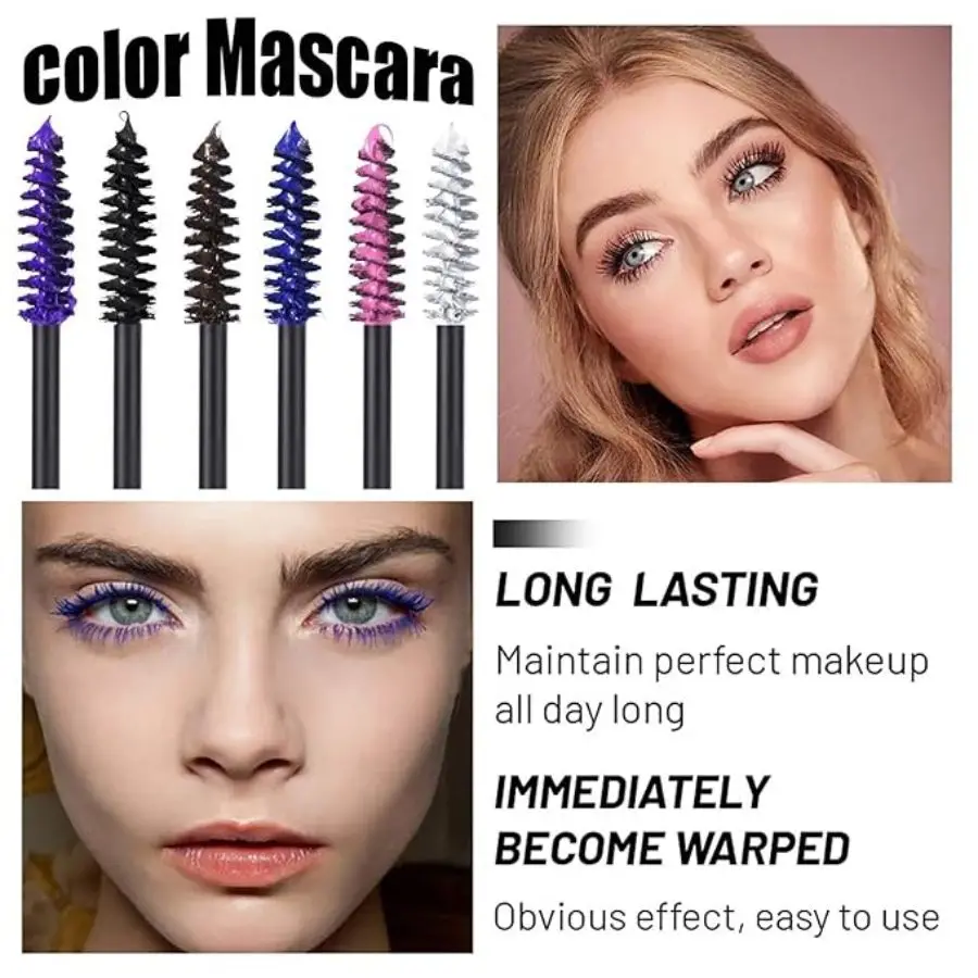 6-bunte Mascara mit großem Bürsten kopf, leicht zu färben, nicht verklumpende, nicht verblassende Mascara, weißes Lila, Saphirblau, silberner Kaffee, nicht leicht zu verschmieren, Mascara, Augenbrauen creme