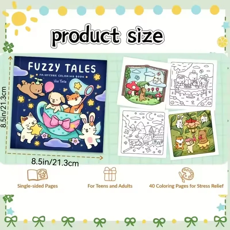 Книжка-раскраска Fuzzy Tales Fairycore для взрослых и подростков с очаровательными персонажами животных, раскраска «Нечеткие друзья»