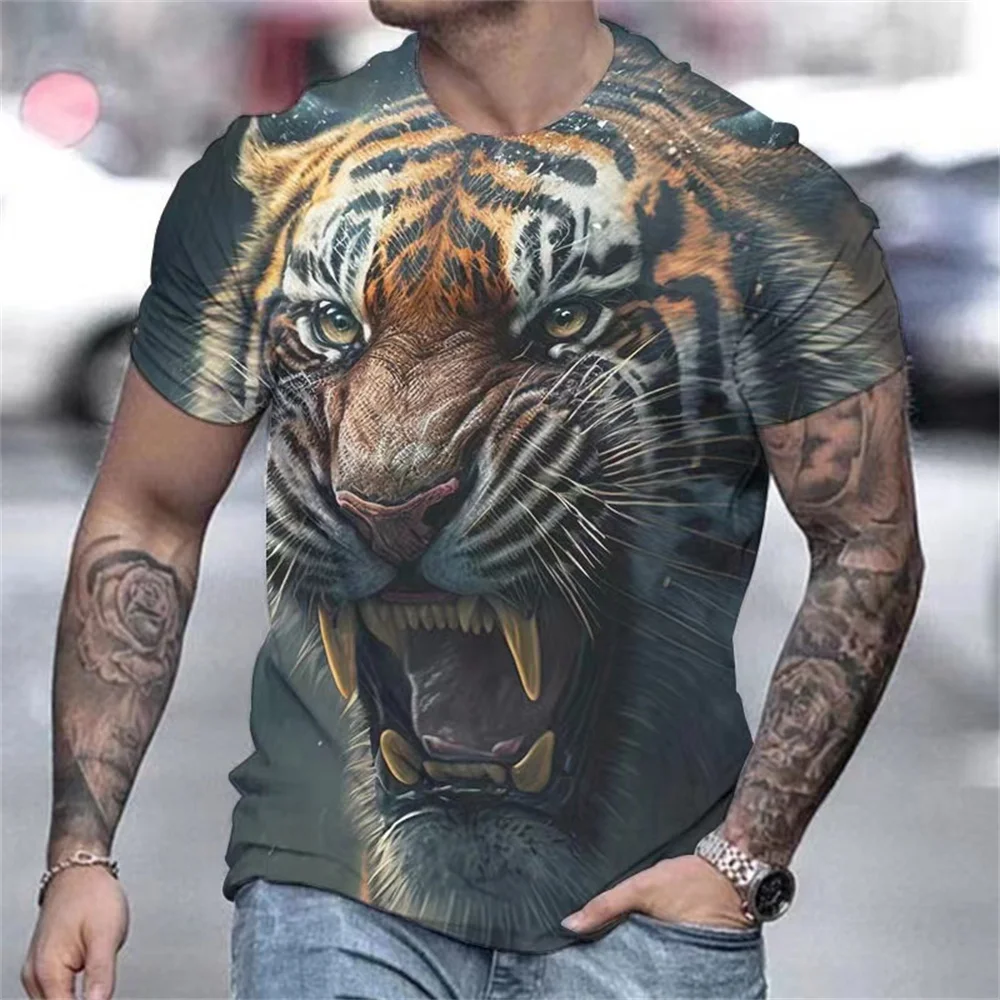 Tiger Print Top Men\'s T-shirt Harajuku 3d Tee Clothing Animal Short Sleeve Clothing Summer Oversized Male Vintage Shirt Pullover