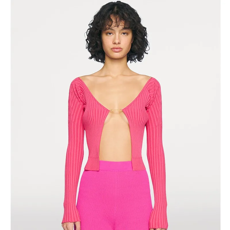 

Eza Nevjrh Sexy Red Knitted Long Sve Open Cardigan Naila Zha Early Spring 2025 Women's Faion Slim Fit V Ne Button up