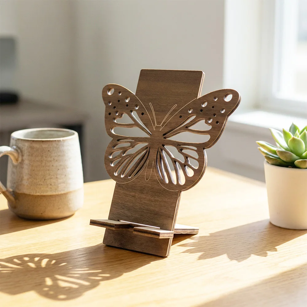 

1PC black butterfly wooden mobile phone holder ornament, exquisite hollow butterfly aesthetic table, Ins style student dormitory desktop vertical mobile phone holder, kitchen recipe display rack, desk and bedside decoration ornament, multi-scene universal