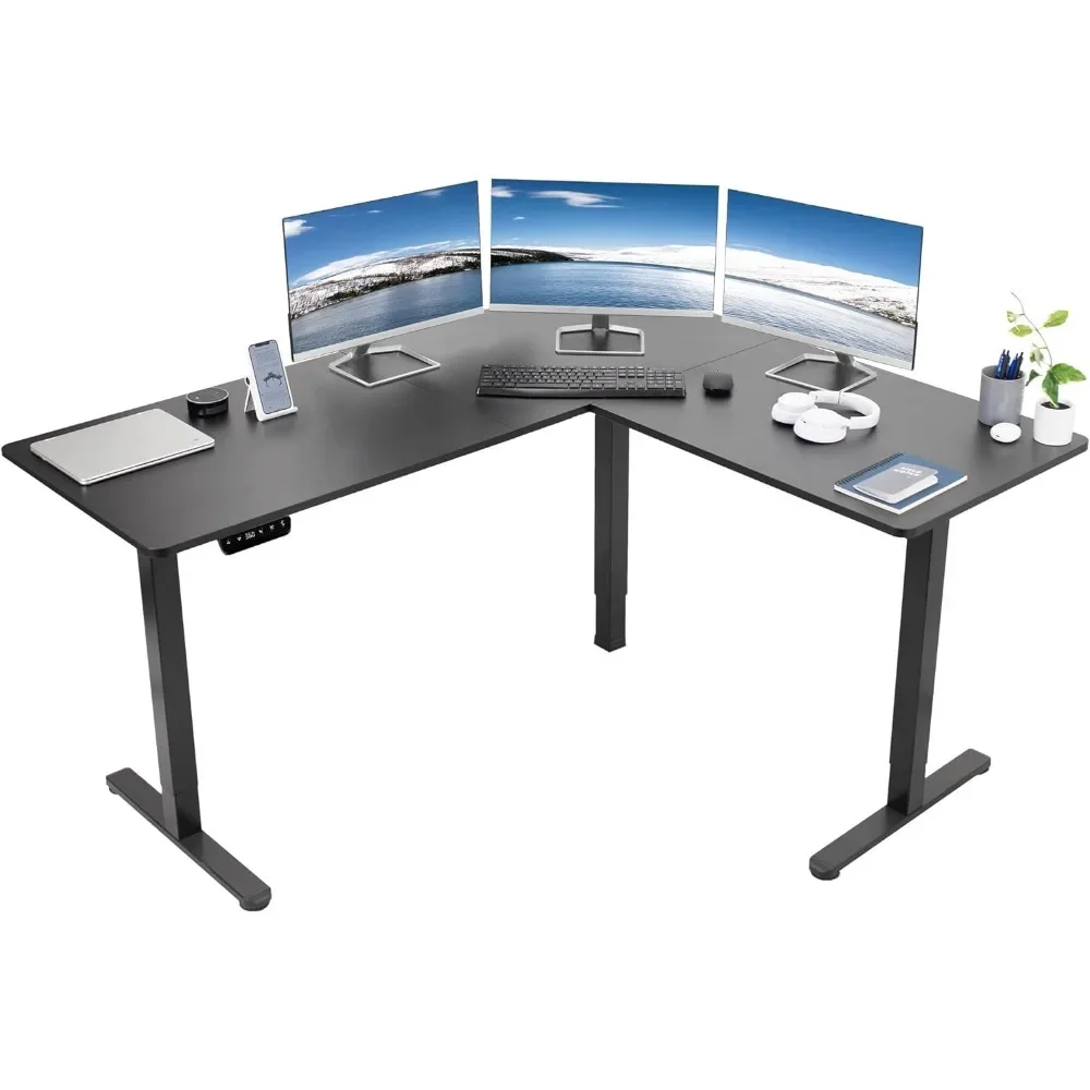 Electric Height Adjustable 63 x 55 inch Corner Stand Up Desk, Black Table Top, Black Frame, L-Shaped Standing Workstation