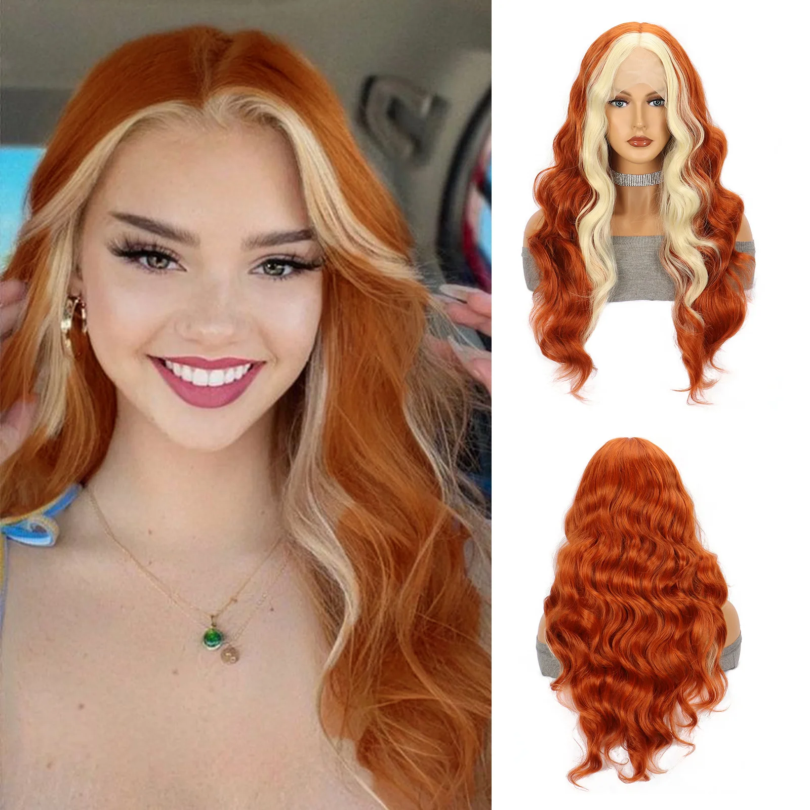 26 Inch Long Body Wave Lace Front Synthetic Wig Orange Ginger Highlight Pre Plucked Gluess for White Fasion Women Cospaly Use