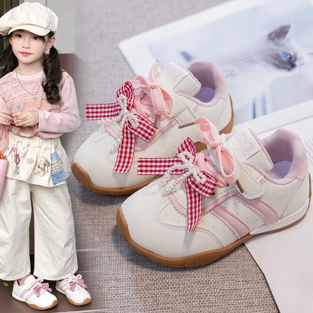 2026 new Cute Girls Sneakers Plaid Bow White Stripe Non-Slip kids Shoes Casual Kids Footwear for Spring Summer Casual shoes