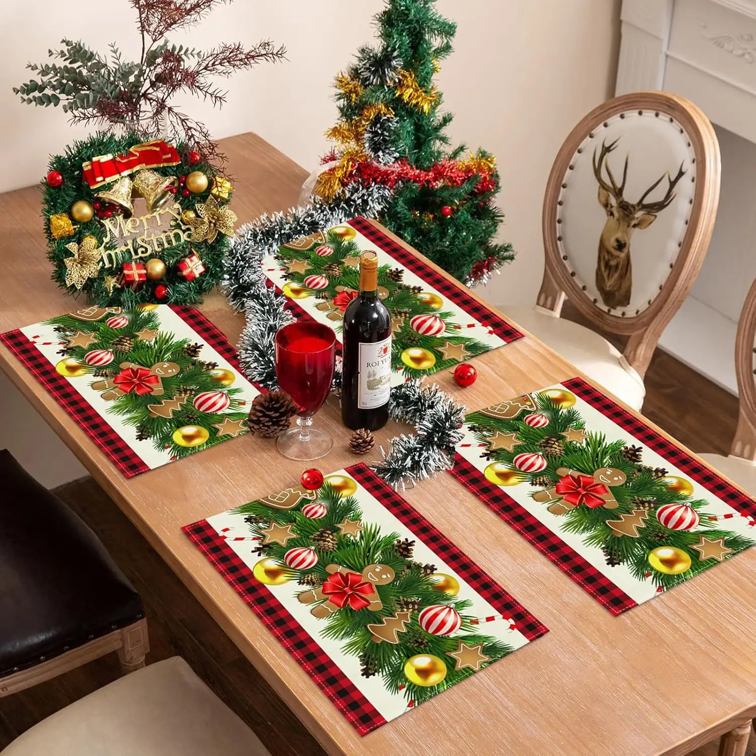 Christmas Decorations,Christmas Placemats Set of 4,12x18In Linen Red Black Buffalo Plaid Xmas Table Runner Winter