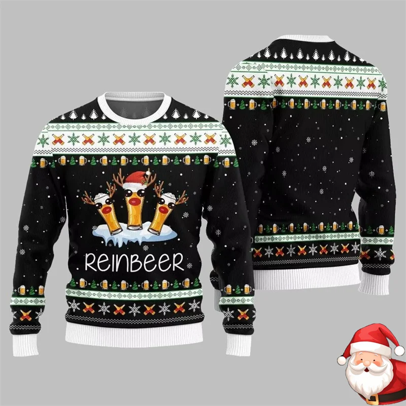 2025 Reinbeer Ugly Christmas Sweatshirt For Men Clothes Funny Reindeer Design Beer Ugly Sweater Xmas Personality Pullover Top