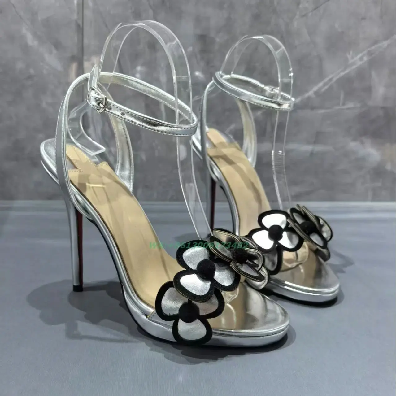 

Design Women's Silver High Heel Open Toe Slingback Sandals with Flower Beading Summer Lady Footwear