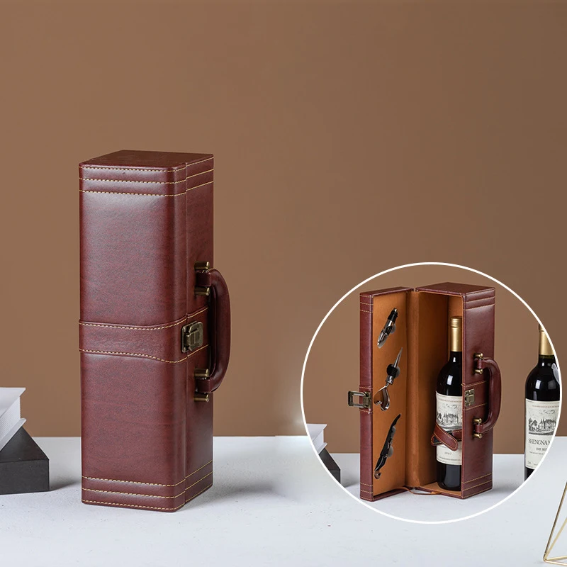 Vintage Pu Leather Box Wine Bottle Carrying Holder Storage Case for Gift Fashion Pack High-Grade Gift Box for Friends Business