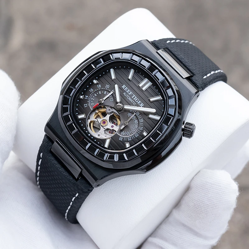 Reef Tiger Men Automatic Watch 44mm Square Mechanical Wristwatch 5ATM Waterproof Luminous Sapphire Small Second & 24 Hours Dial