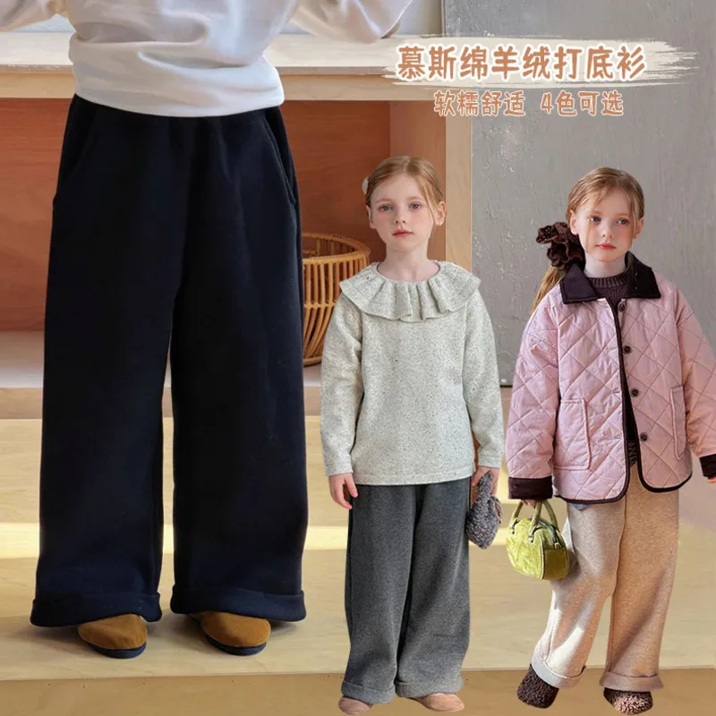 

2025 Winter Winter Girl Style Fleece-Lined Thick Casual Pants Soft Cozy One-Piece Wide-Leg Trouser 2-10 Year Toddler Warm Outfit