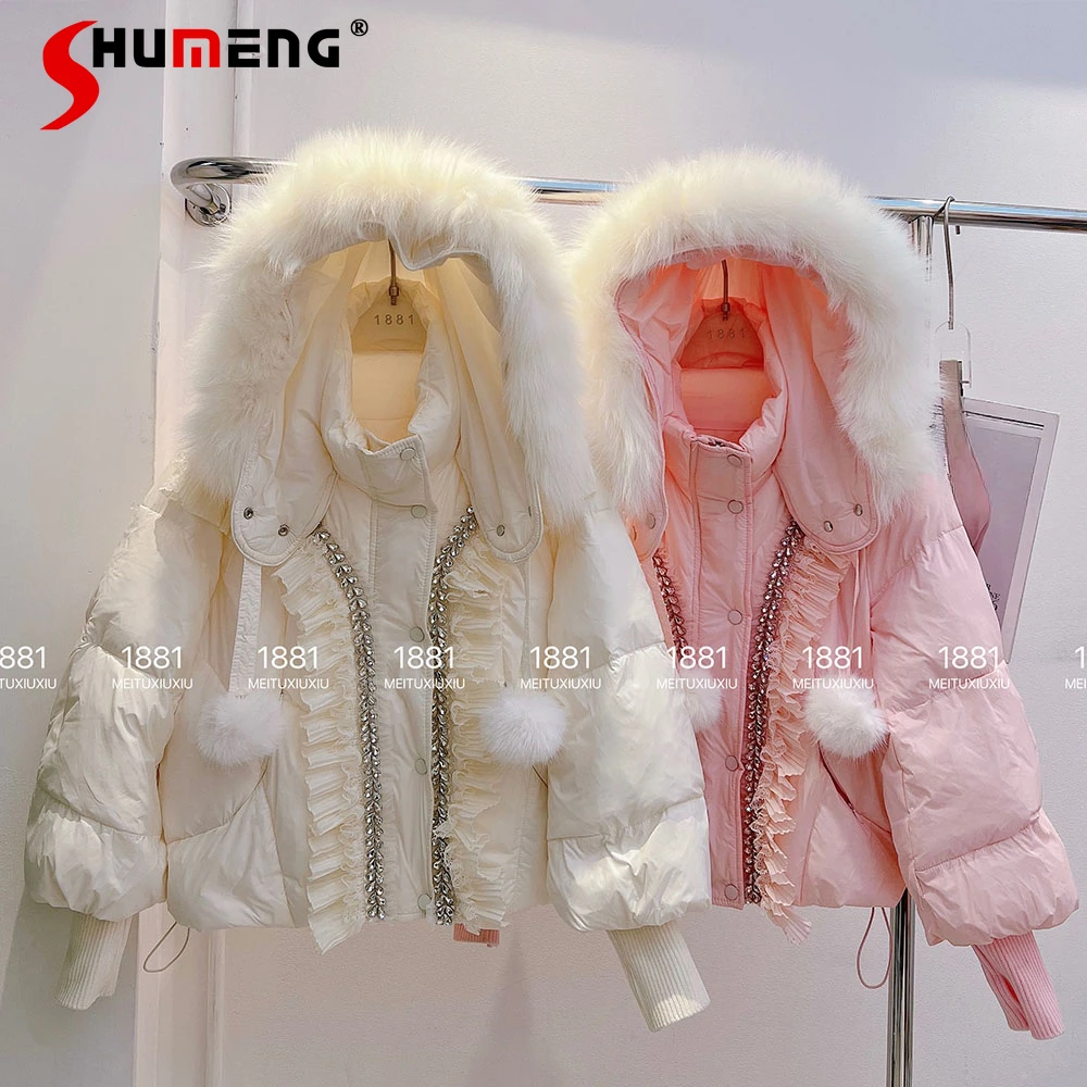 

Female Down Jackets Women's 2024 Winter New Sweet Diamond-encrusted Fox Fur Collar Hooded Thickened Warm White Duck Down Jacket