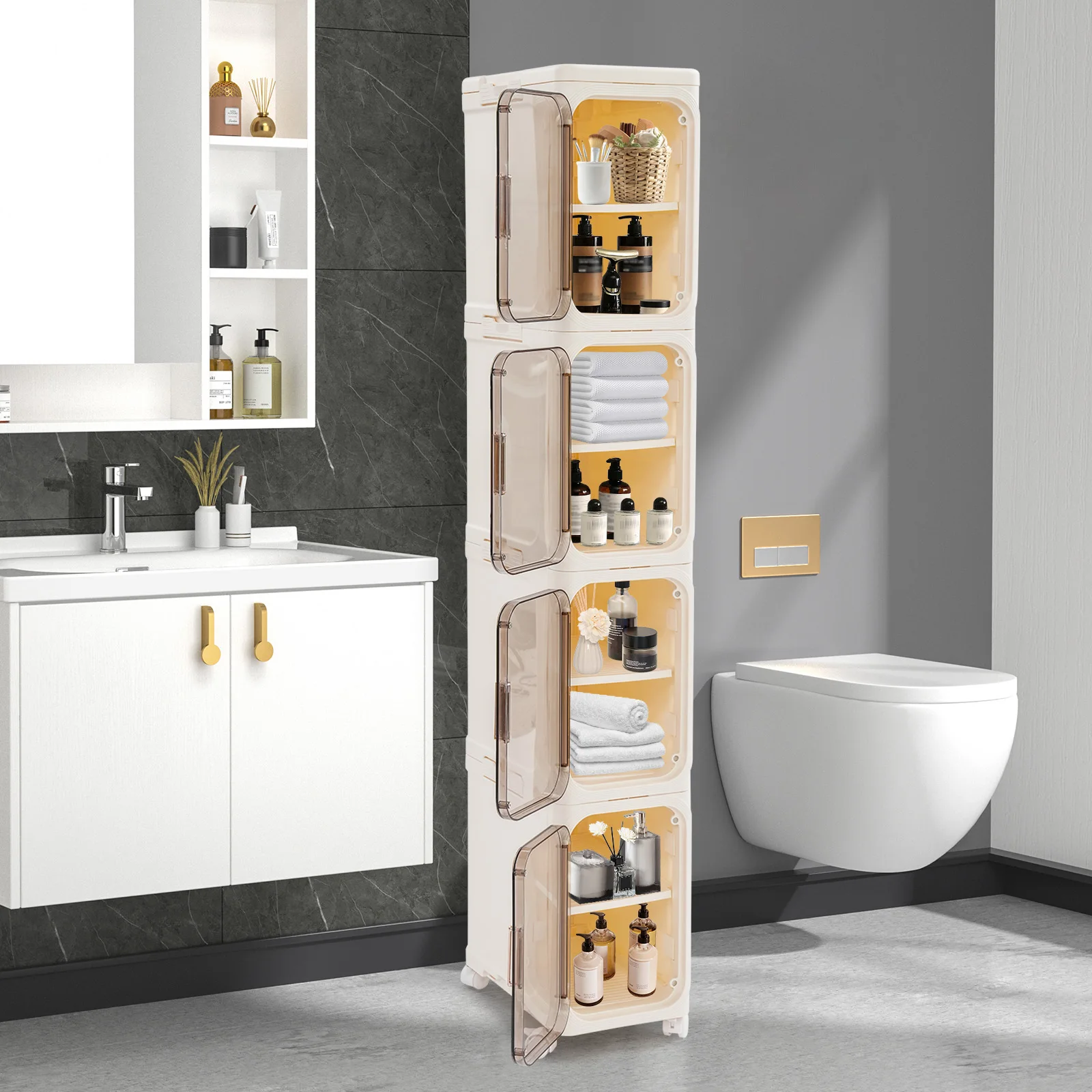 

4-уровневая узкая полка, тонкий шкаф-органайзер для ванной комнаты, большая вместимость для хранения косметических туалетных принадлежностей, 20x33x127 см кремово-белый