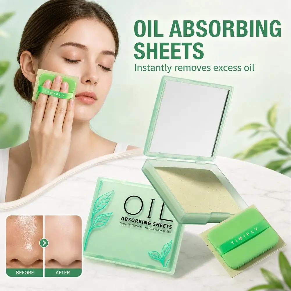 100pcs Green Tea Facial Oil Blotting Paper Set With Powder Puff Built-In Mirror Compact Natural Wood Pulp Oil Absorbing Sheets