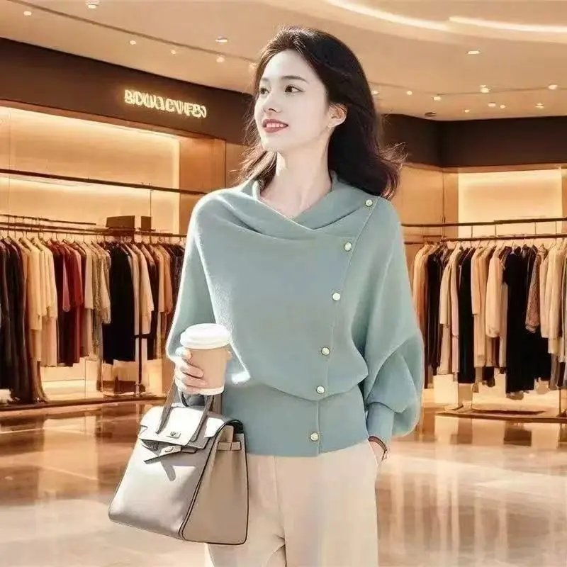 2025 Autumn Long Sleeve Unique Distinctive Bean Green Knitted T-shirt for Women Korean Cute Slim Fit Bottoming Shirt Gentle Tops