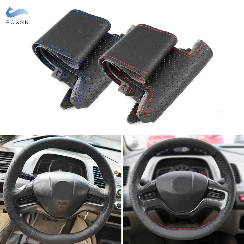 For Honda Civic 8th 2006 2007 2008 2-Spoke Hand-stitched Car Interior Steering Wheel Cover Perforated Leather Inner Accessories