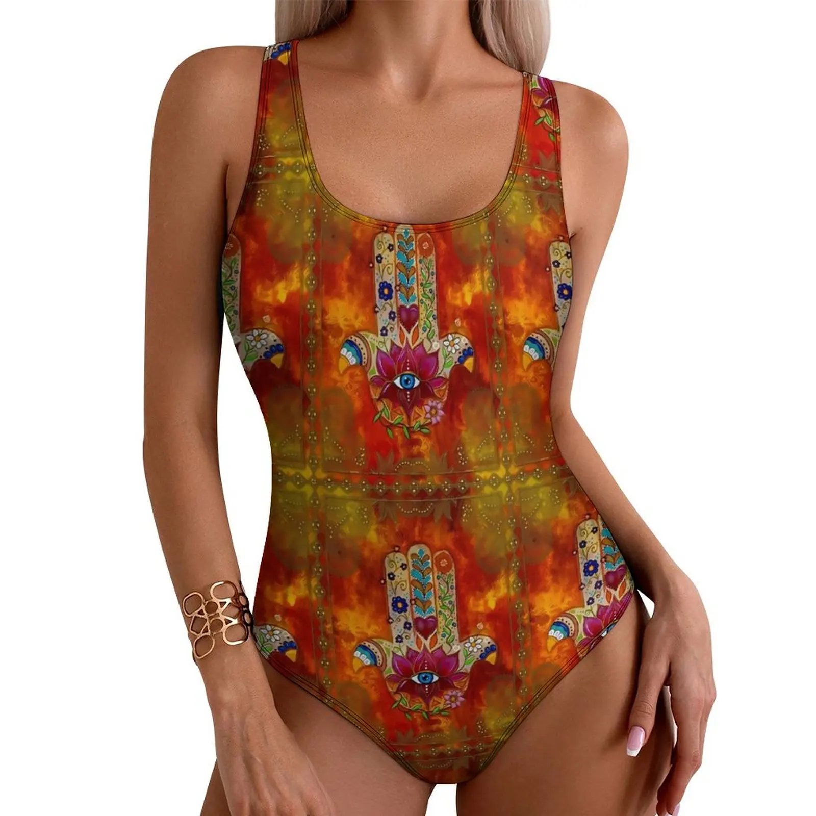 

Orange Hamsa Hand Swimsuit Vintage Print Push Up Swimwear One-Piece Vacation Bathing Suit Swimsuits Sexy Beach Outfits Plus Size