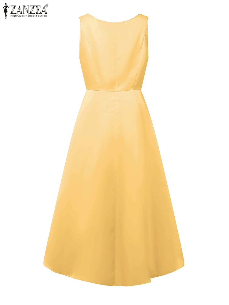 Zanzea elegante sem mangas cetim cocktail vestidos de festa invertido plissados mulher moda boatneck cintura cabida a linha robes femme