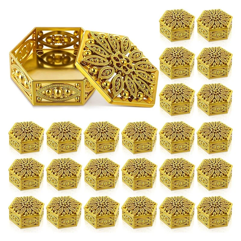 BAAR-Hollow Out Hexagon Golden Box For Pooja- 24 Pcs Indian Return Gifts Bulk Decorative Candy Containers