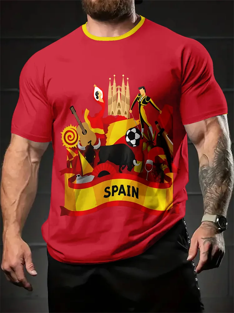 Camiseta Vintage con gráfico de España para hombre, camisetas de manga corta con estampado de bandera española en 3D de gran tamaño con cuello redondo, ropa de calle de ocio diario