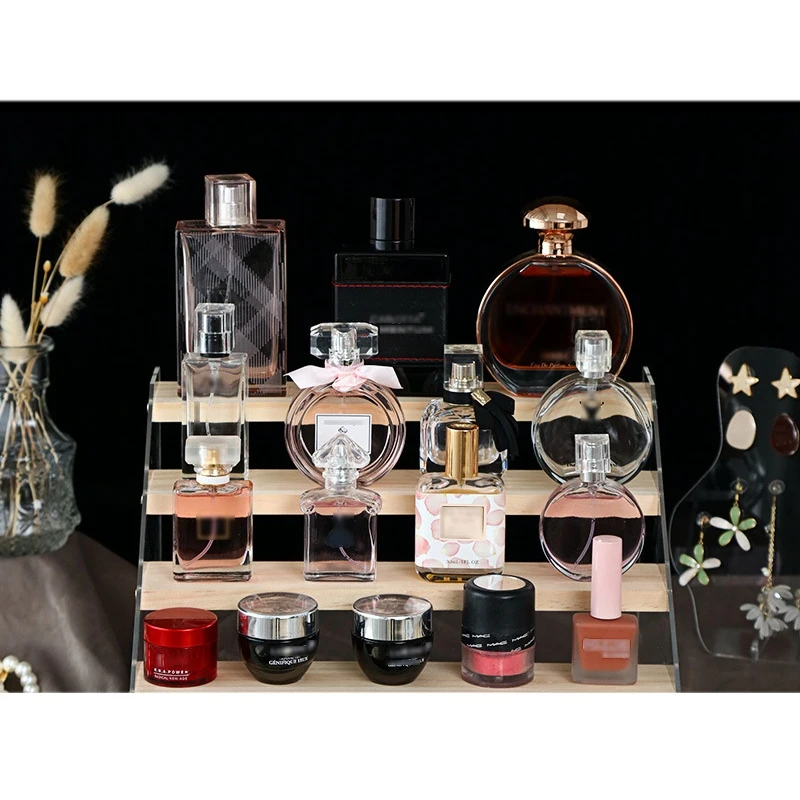 Acrylic & Wood Display Stand, 4-Step Clear Display Riser Wood Shelf for Displaying Figures, Jewelry, Perfumes Stand