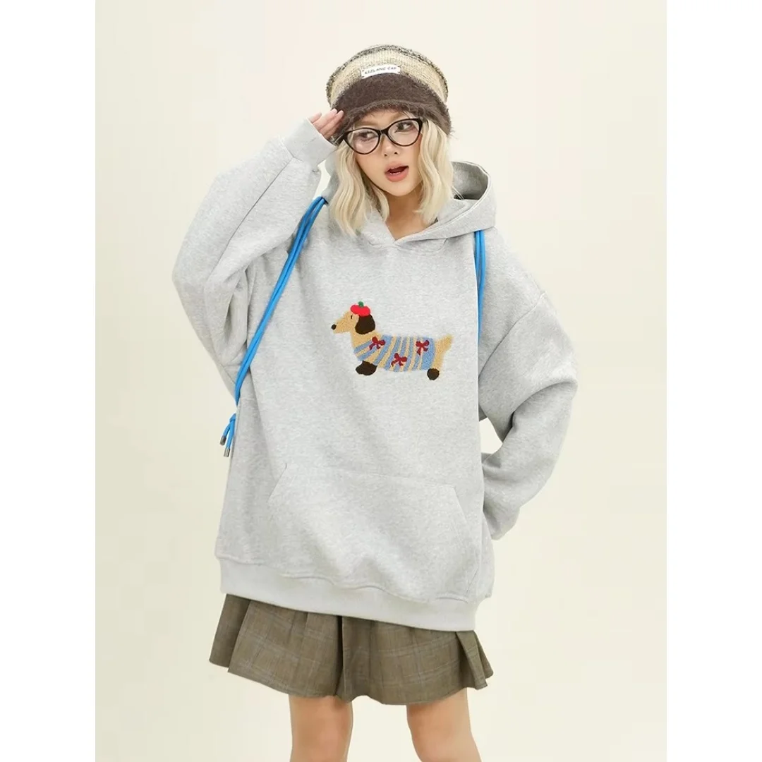 Niedlicher Hoodie mit Dackelmuster für Damen, Herbst, süßer Cartoon-Print, Kapuzenpullover für Streetwear, Alltags- und Freizeitoutfit – Detail 4