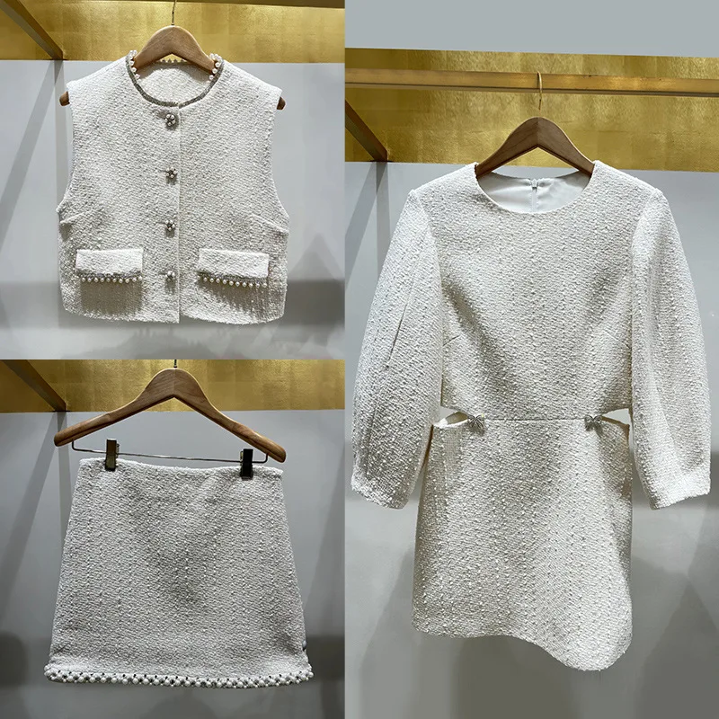 【Gift Free】2026 Early Spring French Niche Tweed Pearl-Trim Cut-Out Waist Mini Dress for Women
