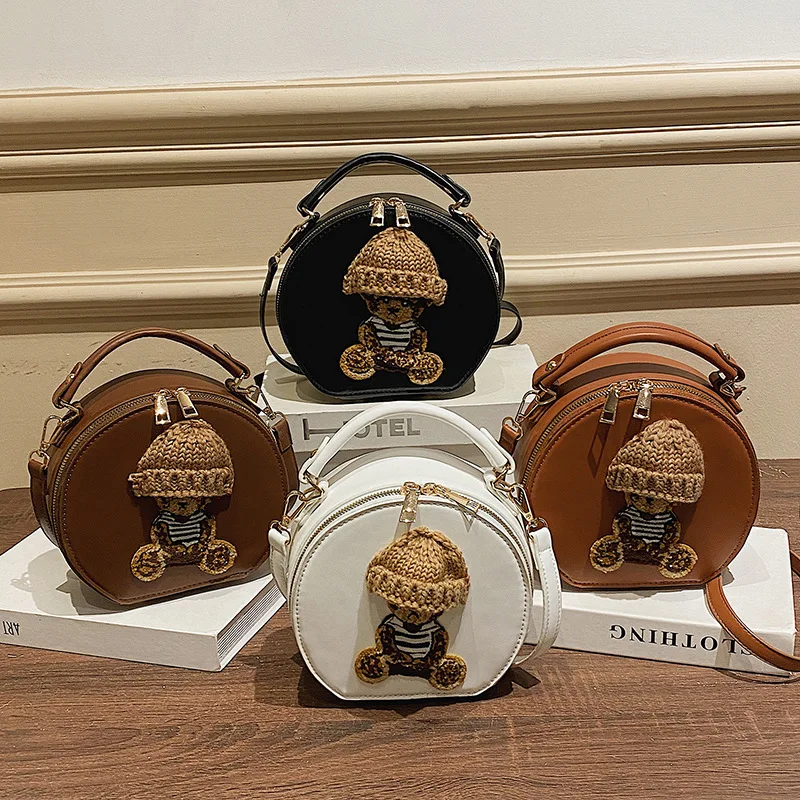 Cartoon Bags for Women 2022 New Luxury Designer Handbag Vintage Leather Shoulder Bag Woman Cute Bear Small Round Crossbody Bags