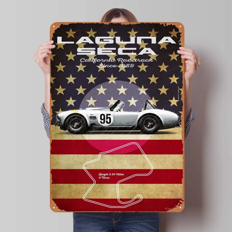 Laguna Seca Cobra Sign Metal Wall Art of Murals Retro Metal Tin Signs for Garage Man Cave Wall Decoration House Decor Dekoration