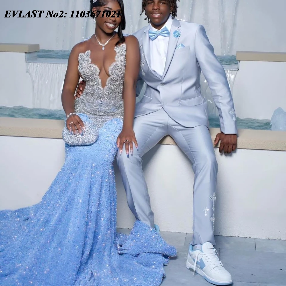 EVLAST Customized Sky Blue Sequins Mermaid Prom Dress For Black Girls 2025 Beaded Crystal Party Dress Evening Gown Soirée E2P44